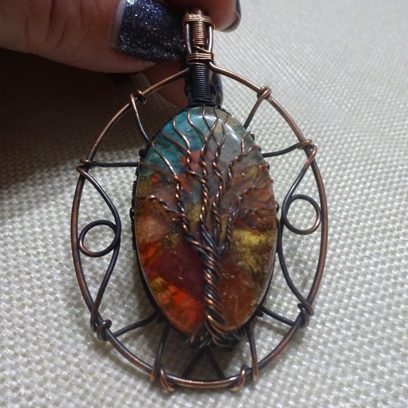 Rustic "OYSTER TURQUOISE" WIRE-WRAPPED TREE Handmade Copper Pendant/Chain #479B - Picture 2 of 3